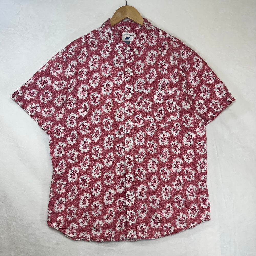 Old Navy Mens XL Shirt Slim Fit Pink Floral Cotton/Linen Casual Buttoned Funky